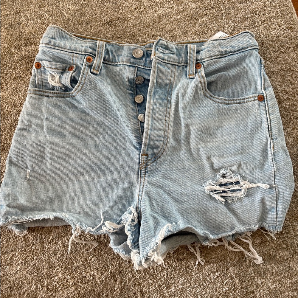 Levi's Ribcage Sky Blue Frayed Denim Shorts